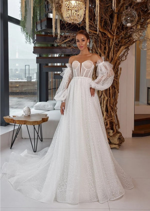 Strapless Beaded Ivory Lace Tulle Corset Back Structured Wedding Dress